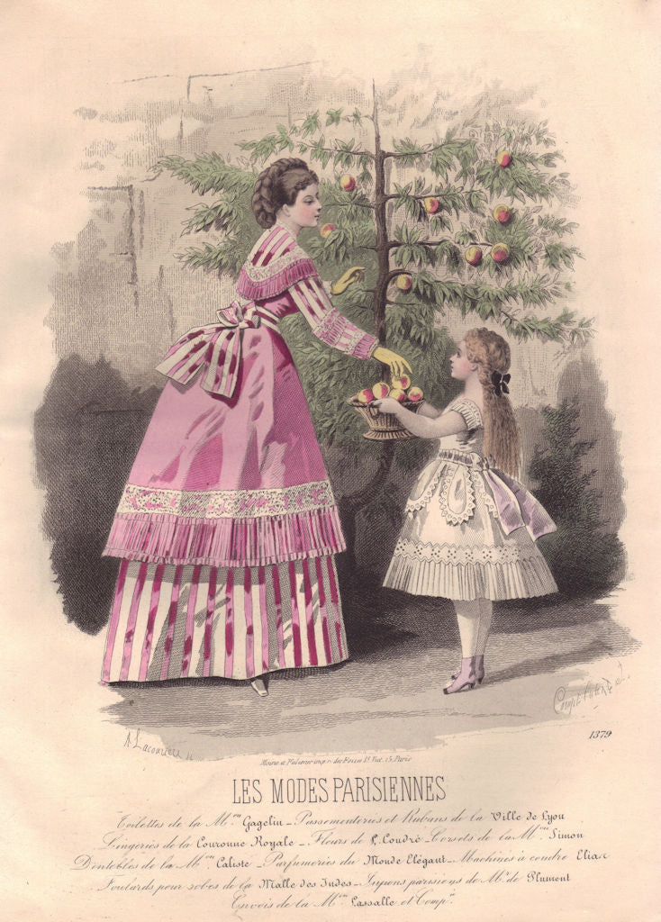 FAMILY. Parisian mother & girl picking fruit. pink 1869 old antique print